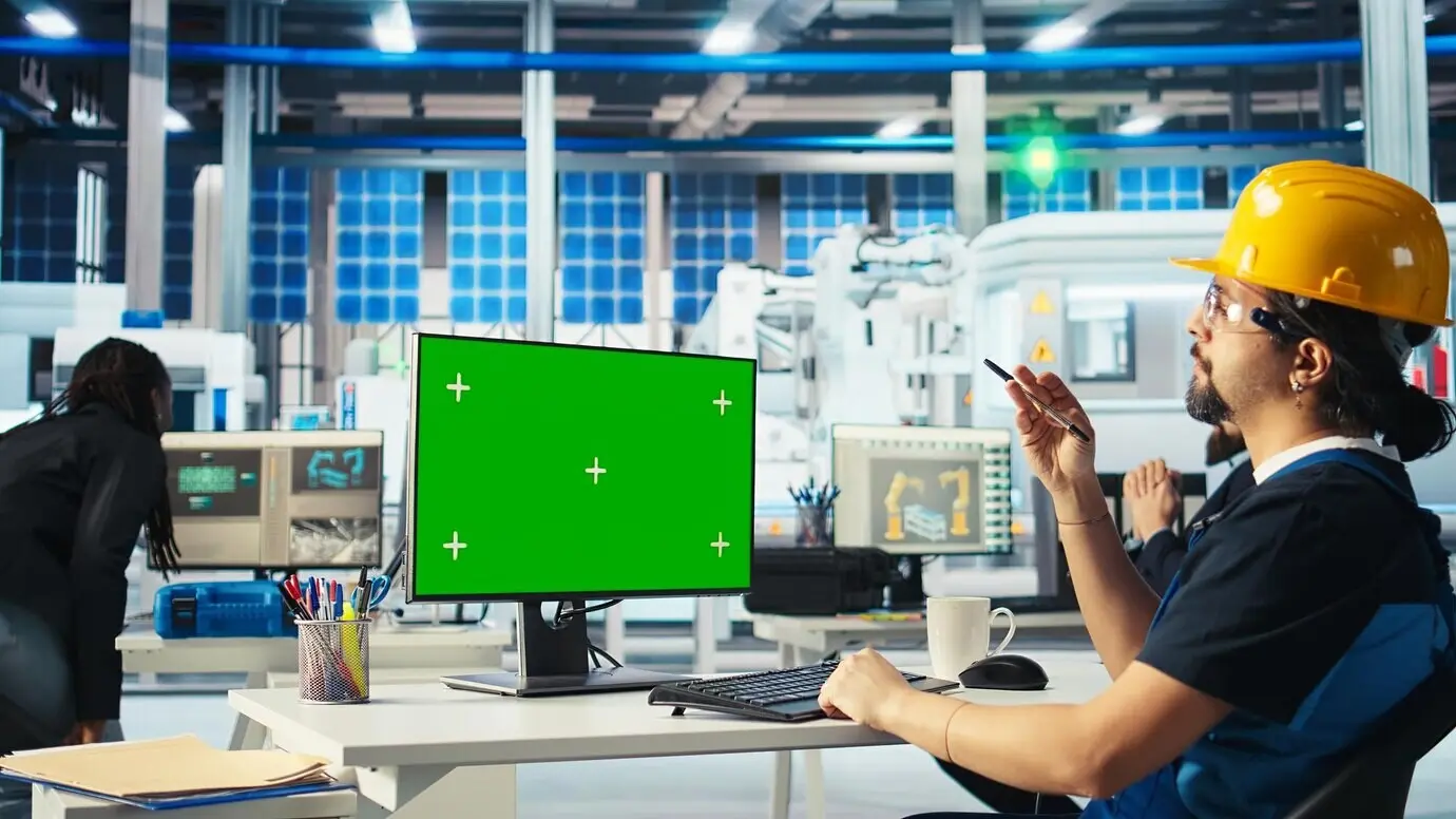 Experte einer Solarmodulfabrik, der an einem Mockup-PC umweltverträgliche Solarzellen baut