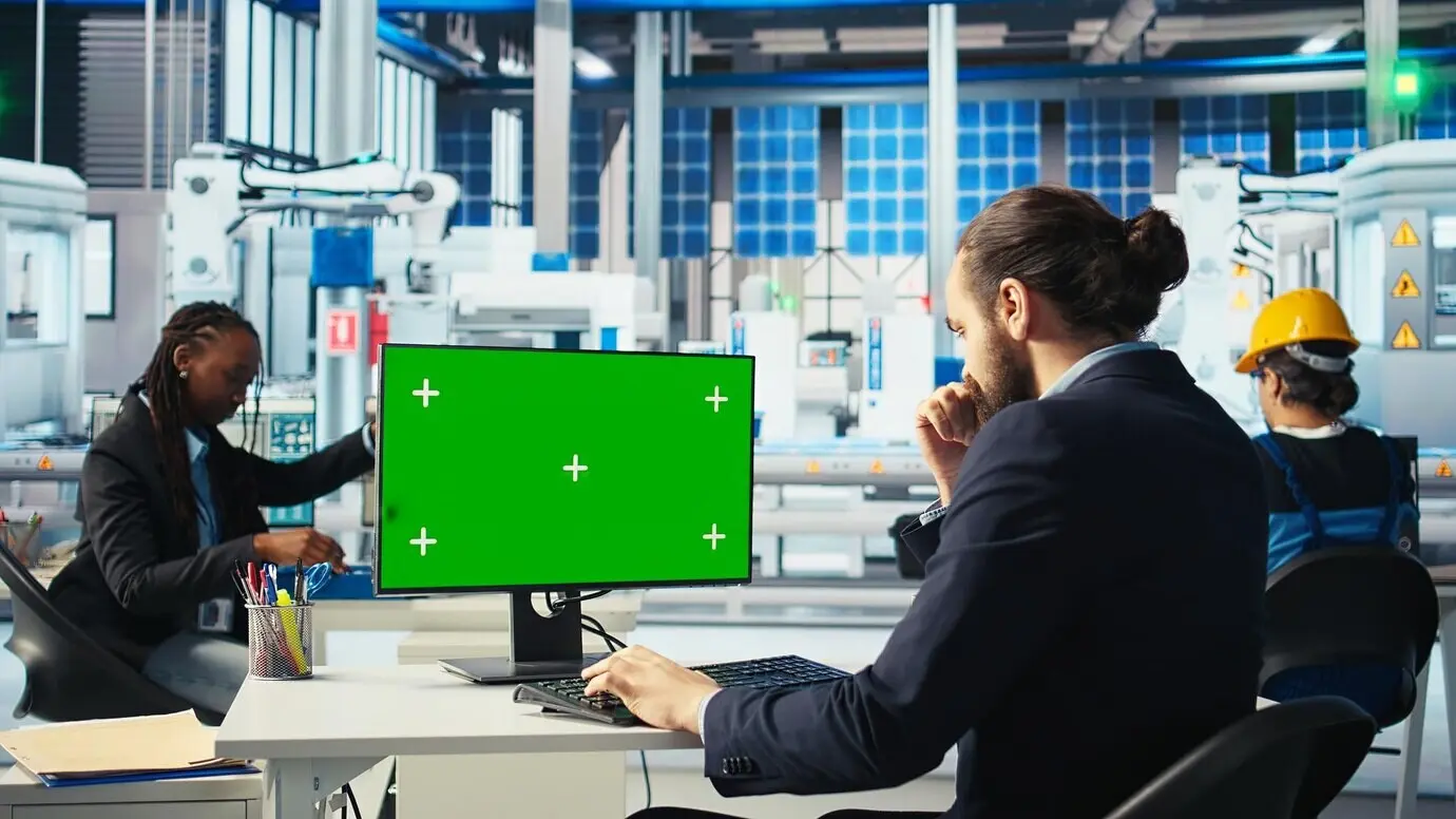 Photovoltaik-Fabrikarbeiter analysiert Daten auf einem PC mit grünem Bildschirm und prüft Kennzahlen.