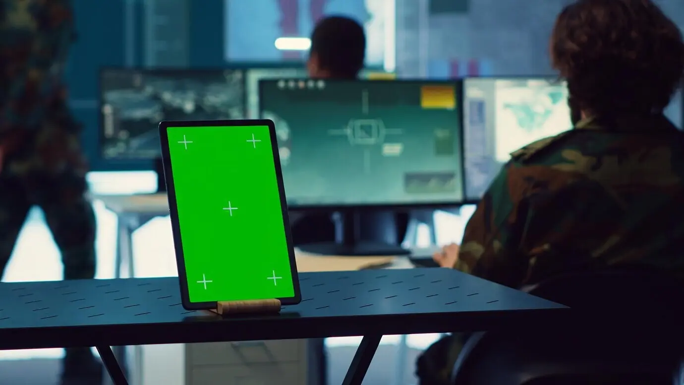 Isoliertes Greenscreen-Display, das auf einem Tablet läuft, in einer militärischen Machtbasis.